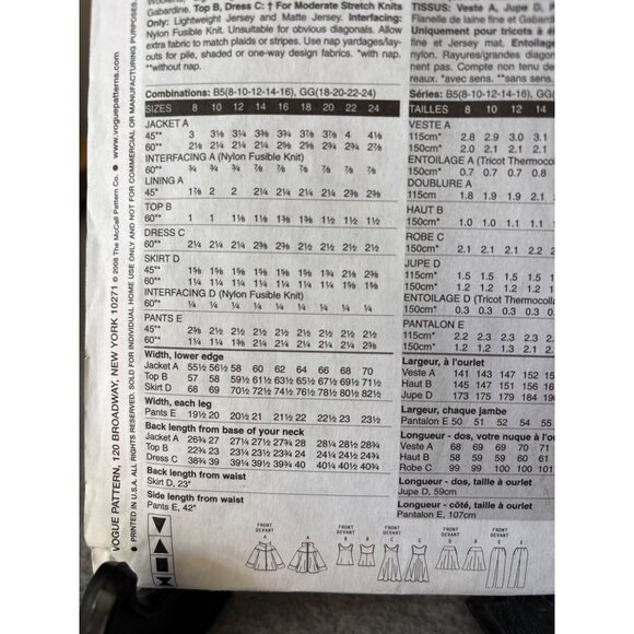 Vogue V8524 Pattern Jacket Top Dress Skirt Pant Size 18 20 22 uncut 2008 - Picture 6 of 9